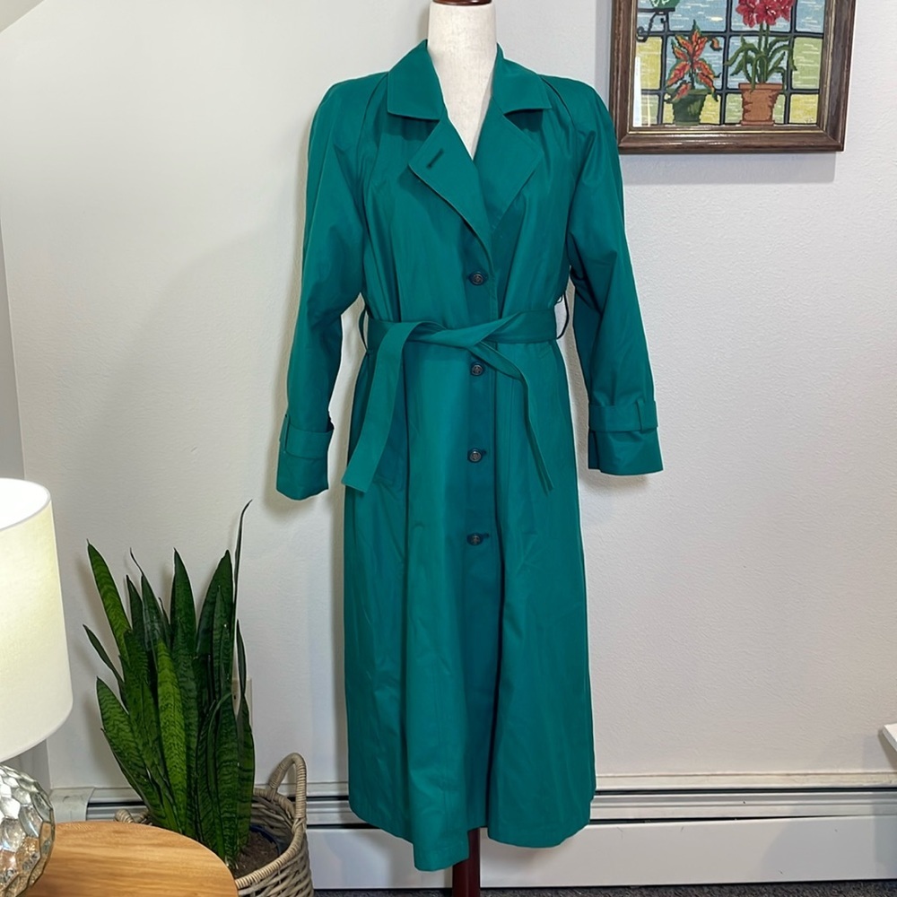 London Fog Wool Lined Trench Coat Size 10P Teal Green Button Cinch Waist